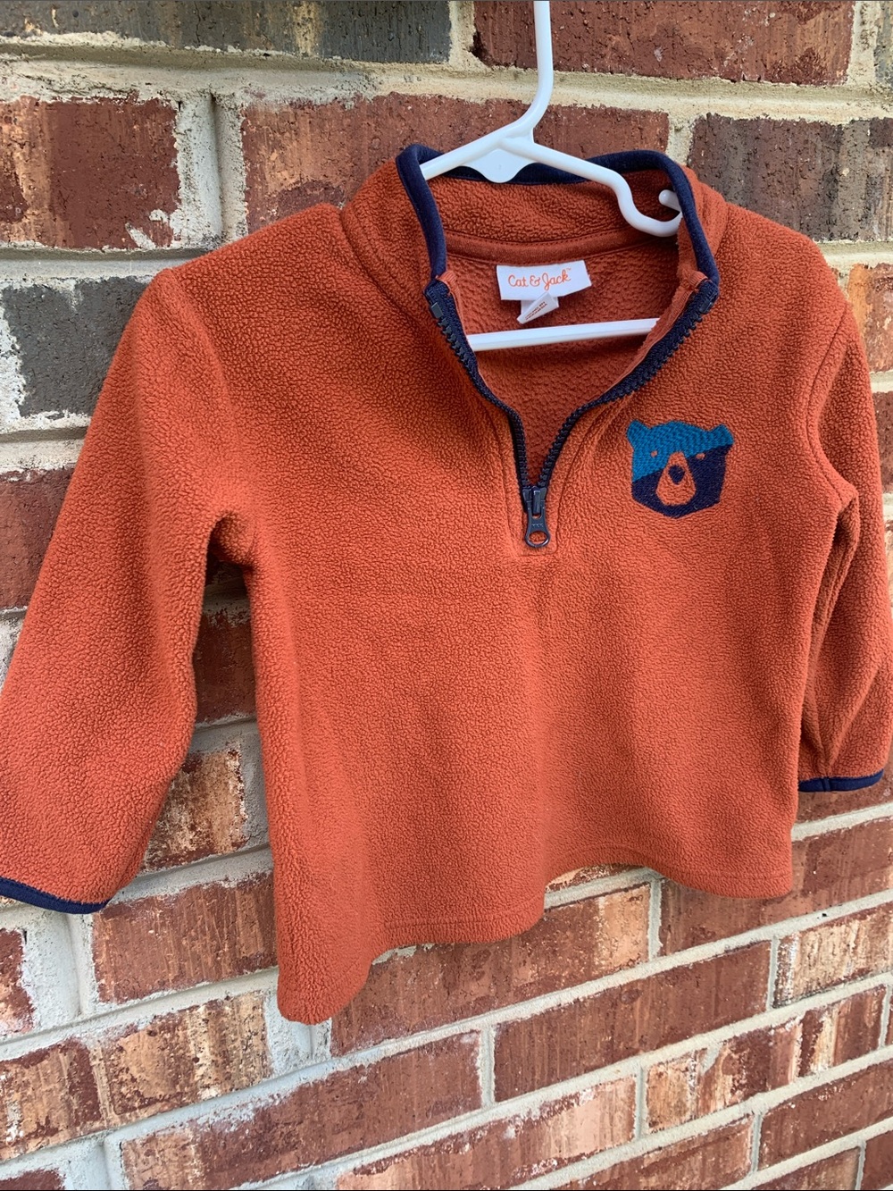 Cat & Jack Rust Orange Fleece Pullover with Navy Trim and Bear Patch